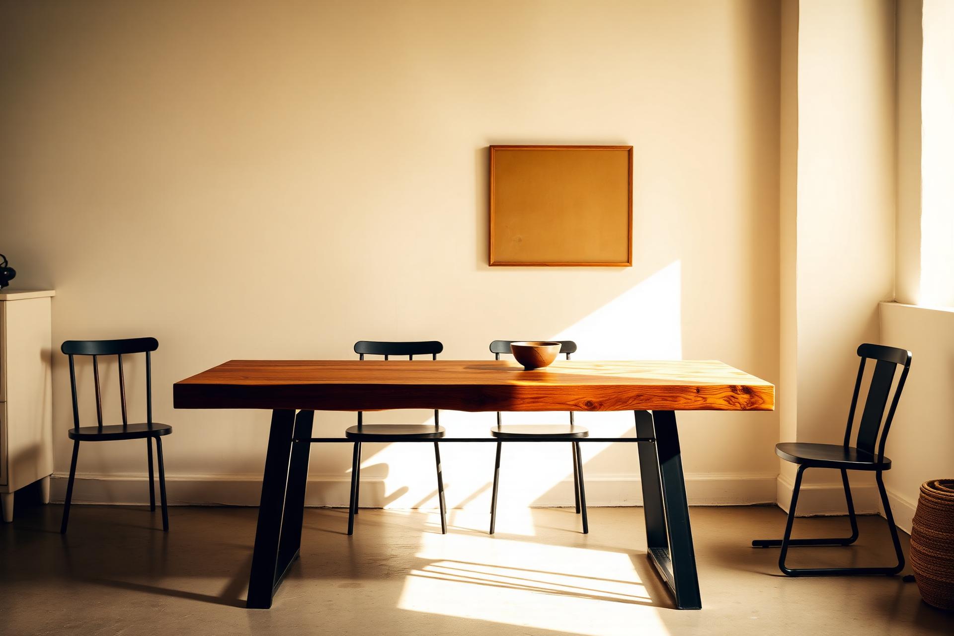 Handcrafted mango wood dining table with black metal legs in a sunlit Jaipur studio
